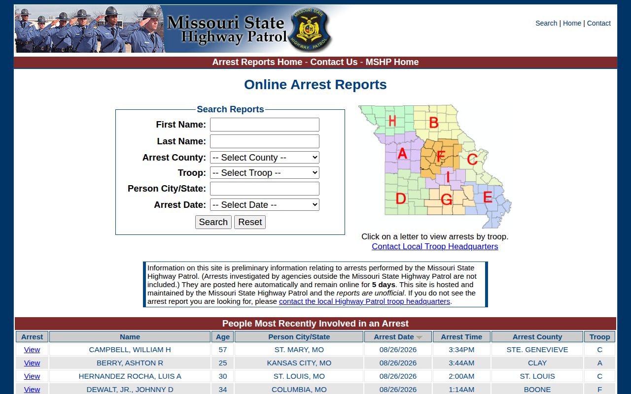 Hickory County Missouri State Highway Patrol arrest record search form